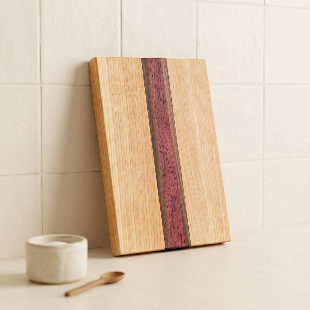 Cherry, walnut, and padauk edge grain cutting board, 12 by 7.5 inches