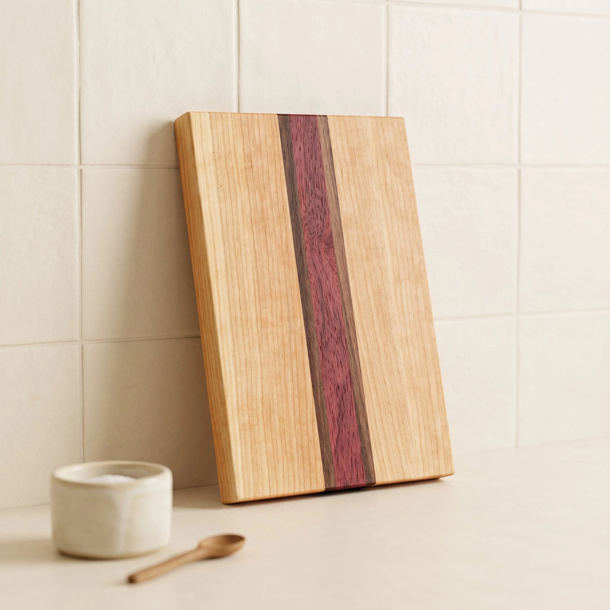 Cherry, walnut, and padauk edge grain cutting board, 12 by 7.5 inches