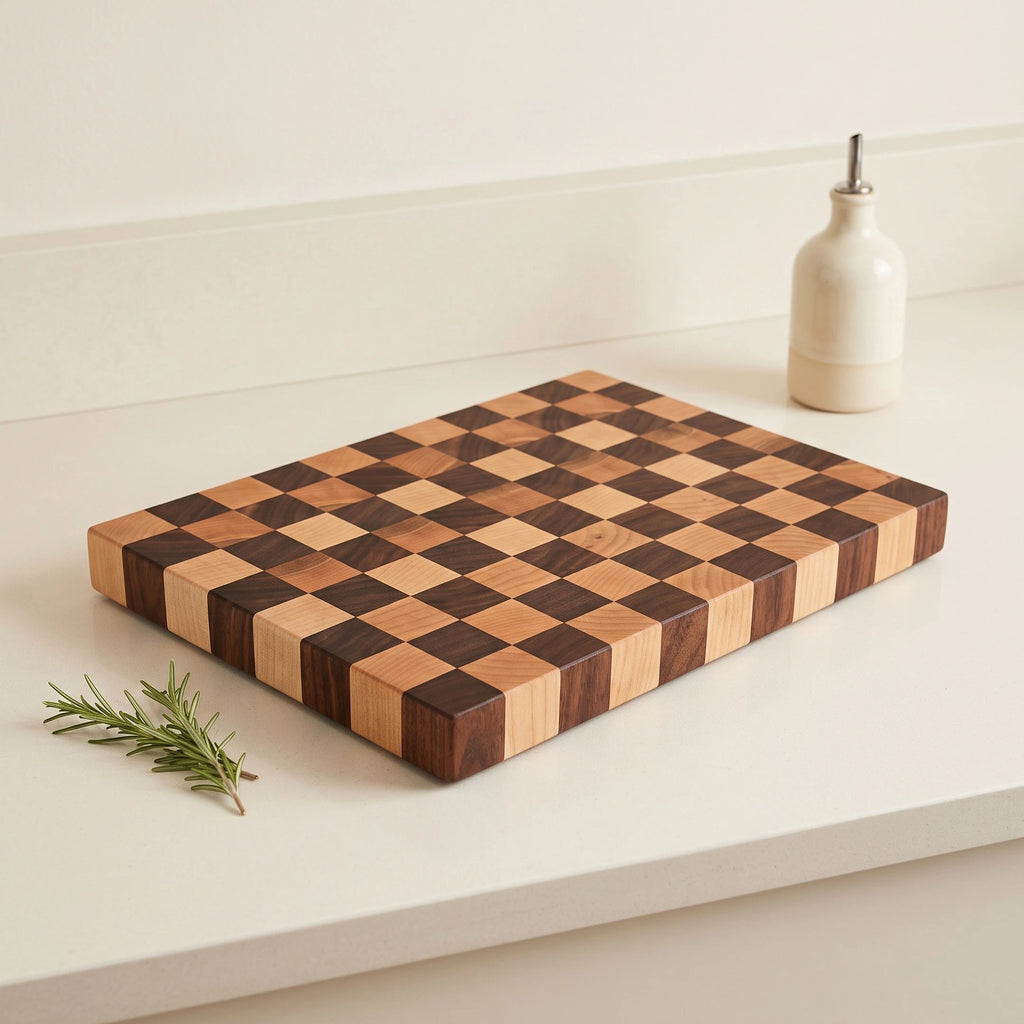 Walnut and maple end grain cutting board, 13 by 9.5 inches