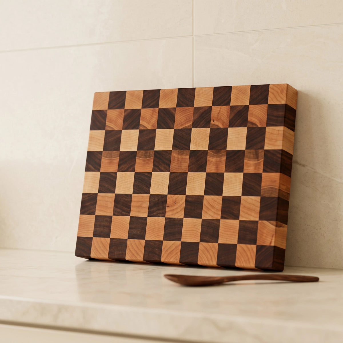 Walnut and maple end grain cutting board, 13 by 9.5 inches