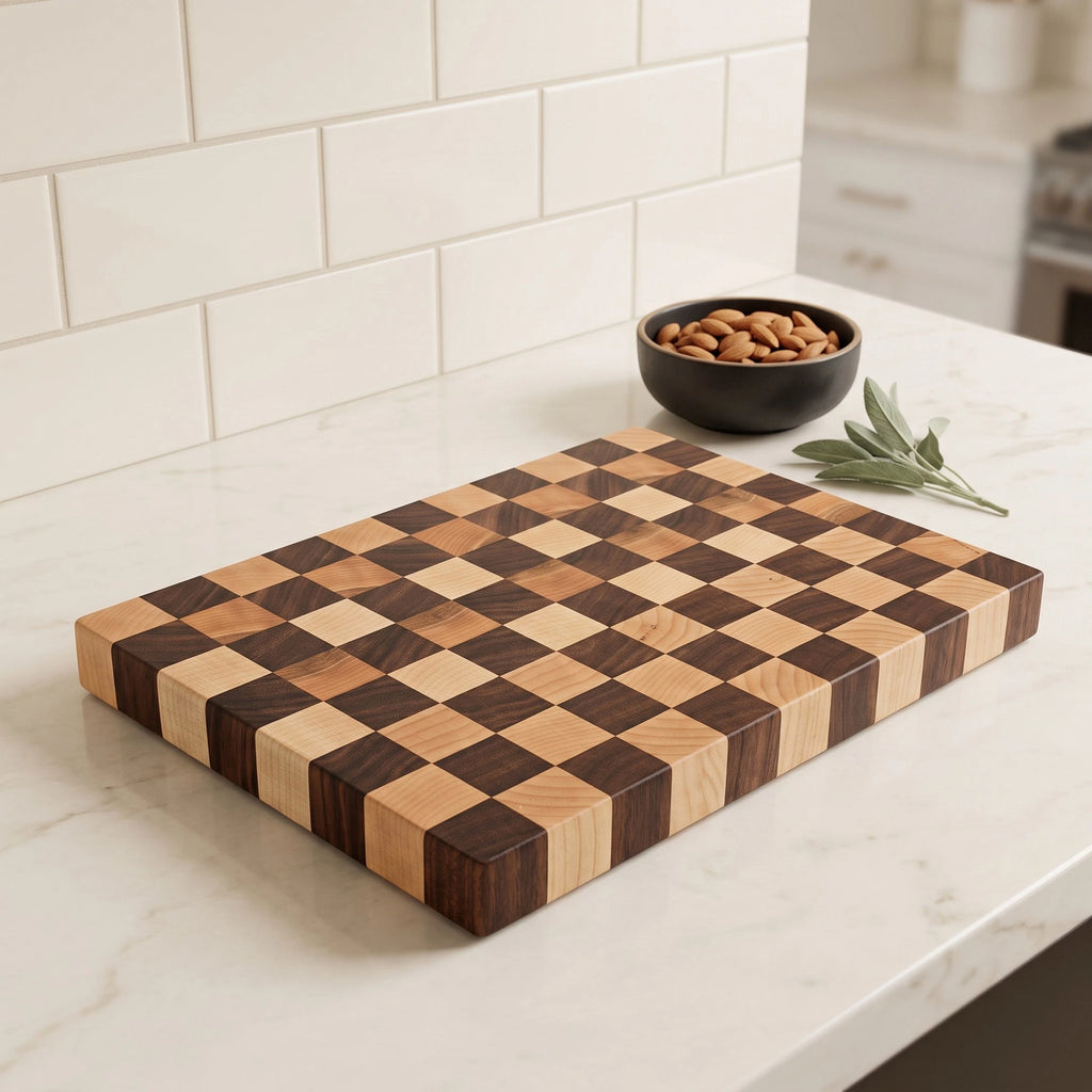 Walnut and maple end grain cutting board, 13 by 9.5 inches
