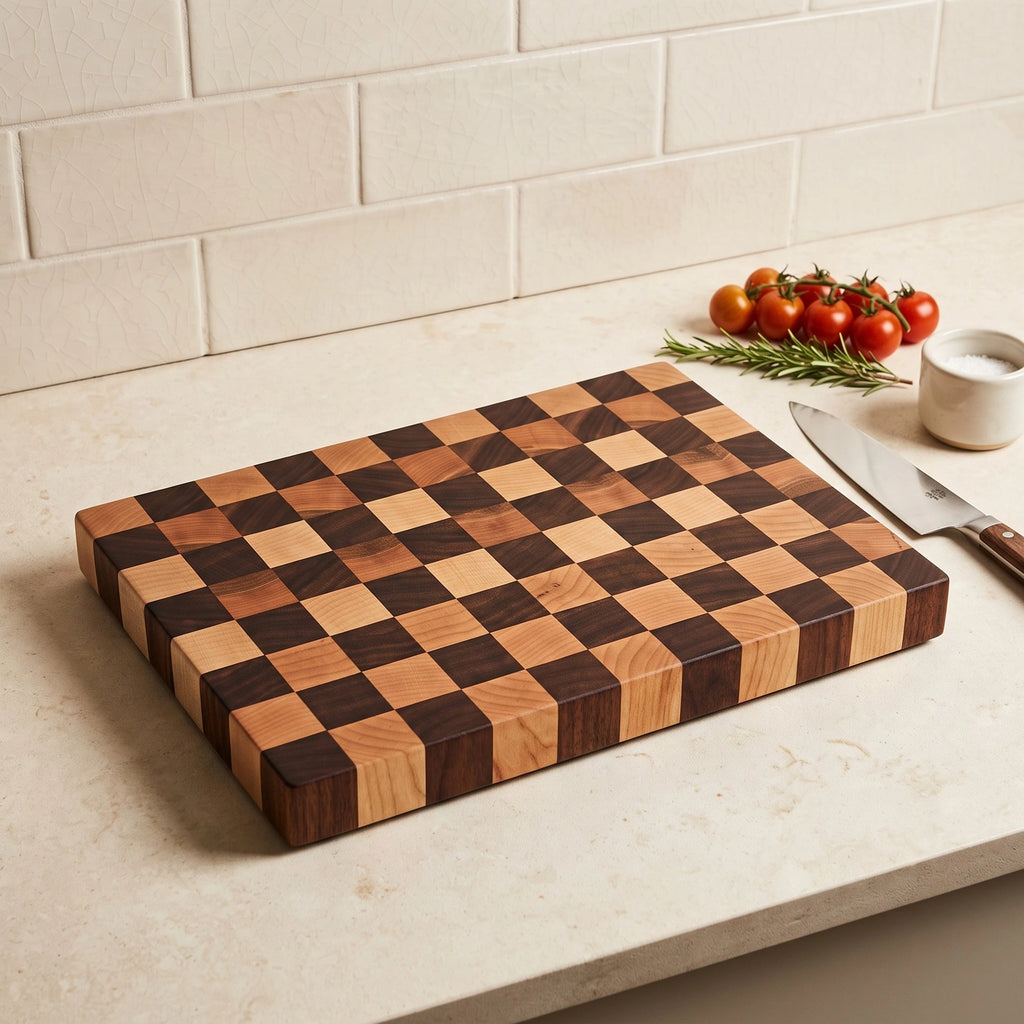 Walnut and maple end grain cutting board, 13 by 9.5 inches