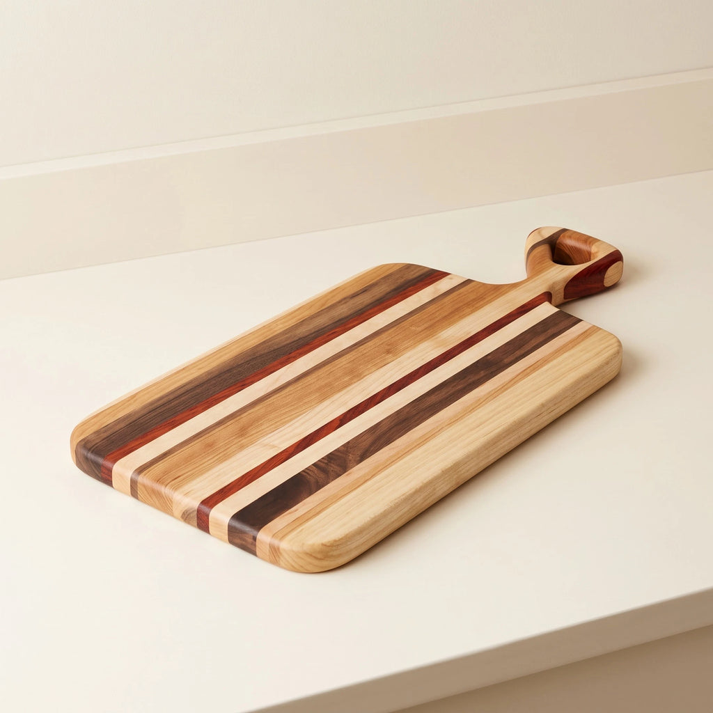 Edge grain charcuterie board made from mixed hardwoods, 16 by 7 inches
