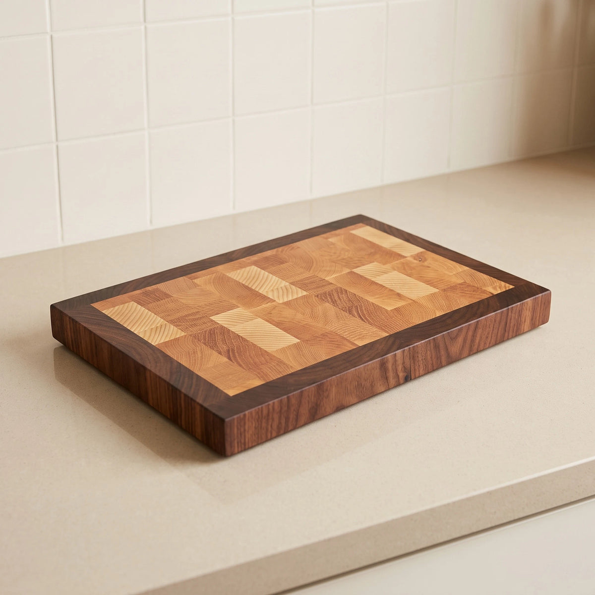 End grain cutting board with ash and walnut border, 15 by 11 inches