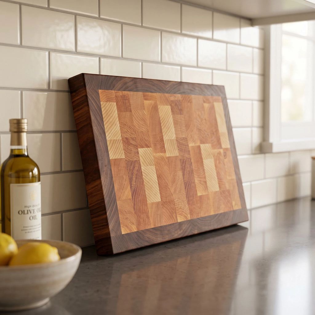 End grain cutting board with ash and walnut border, 15 by 11 inches