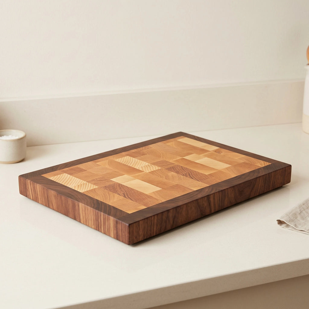 End grain cutting board with ash and walnut border, 15 by 11 inches